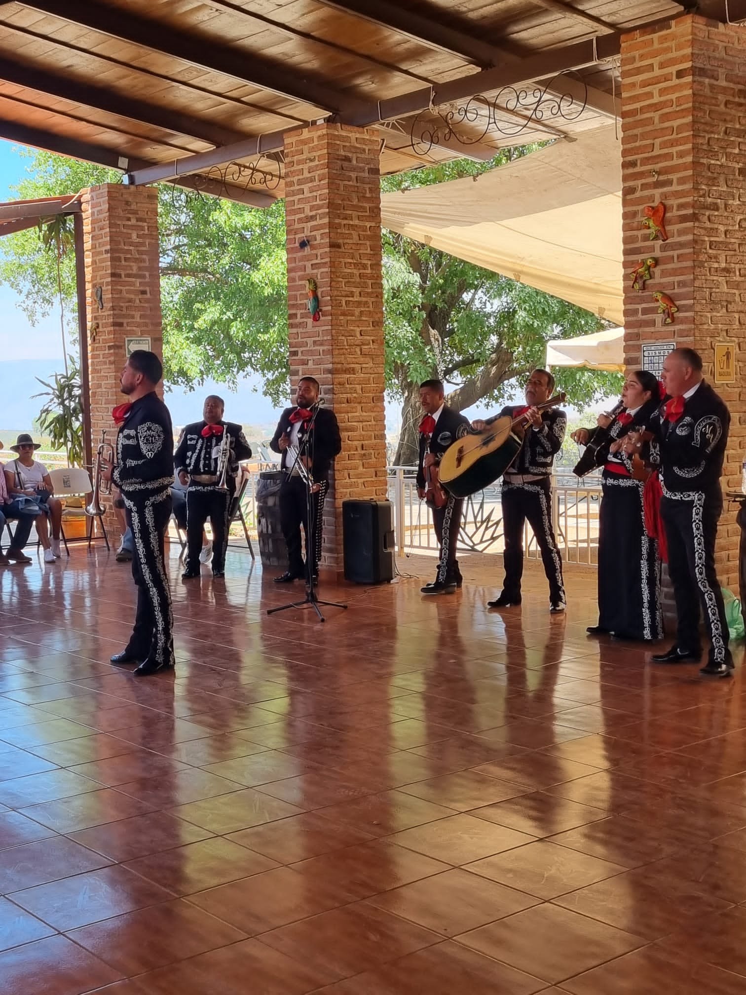 Mariachi tocando música tradicional mexicana en restaurante.