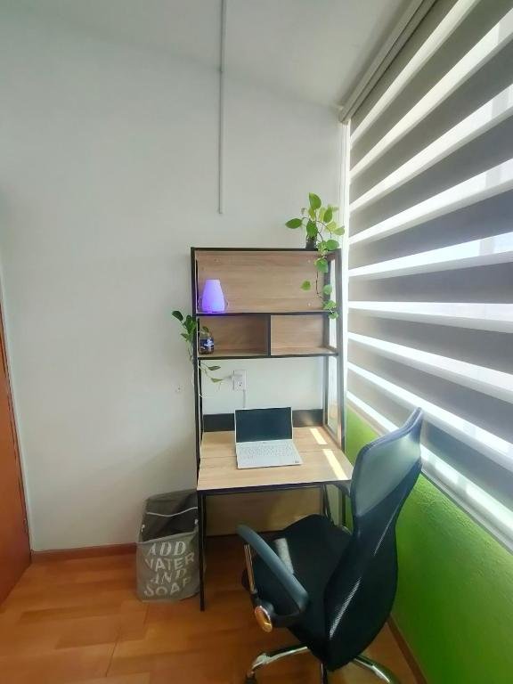 Escritorio moderno con laptop y plantas de interior.