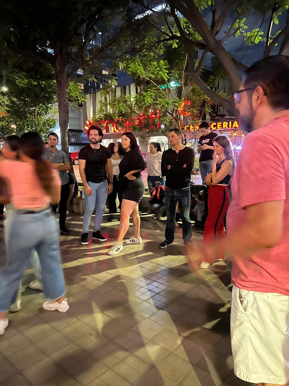 Grupo de personas en reunión al aire libre.